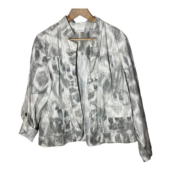 Chico’s Linen Cotton Gray Ruffle Trim Abstract Camo Open Blazer Jacket Large 2 - Picture 1 of 7